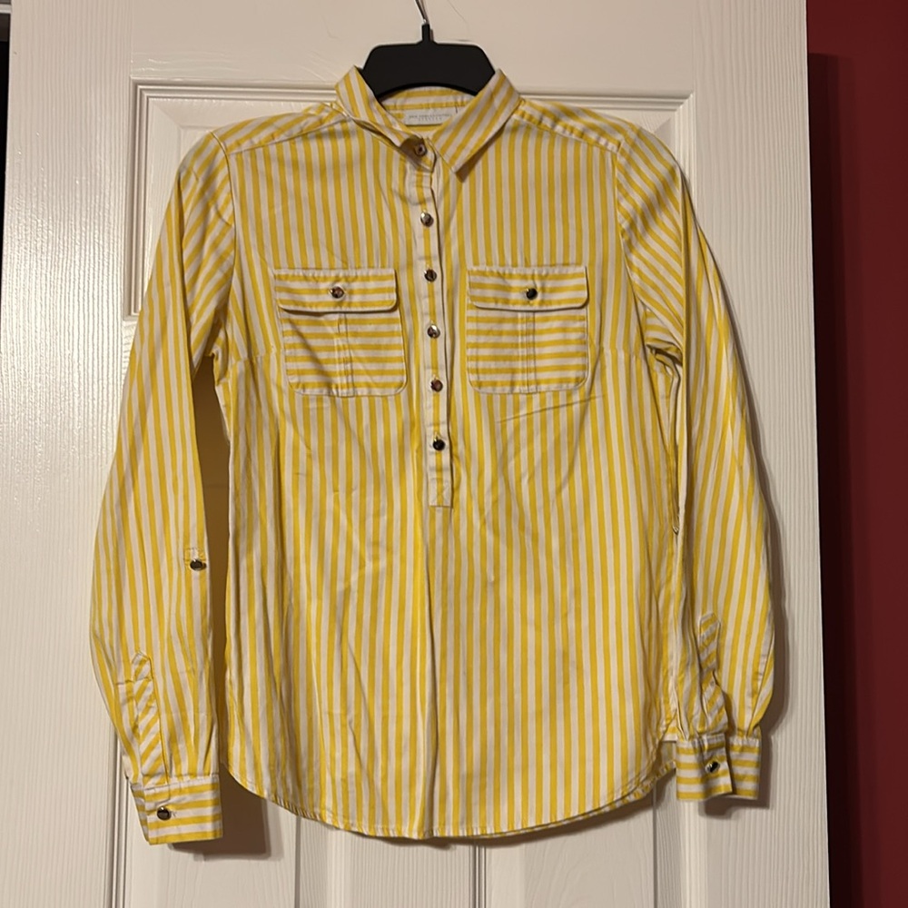 New York & Company Yellow Striped Top silver buttons size xs